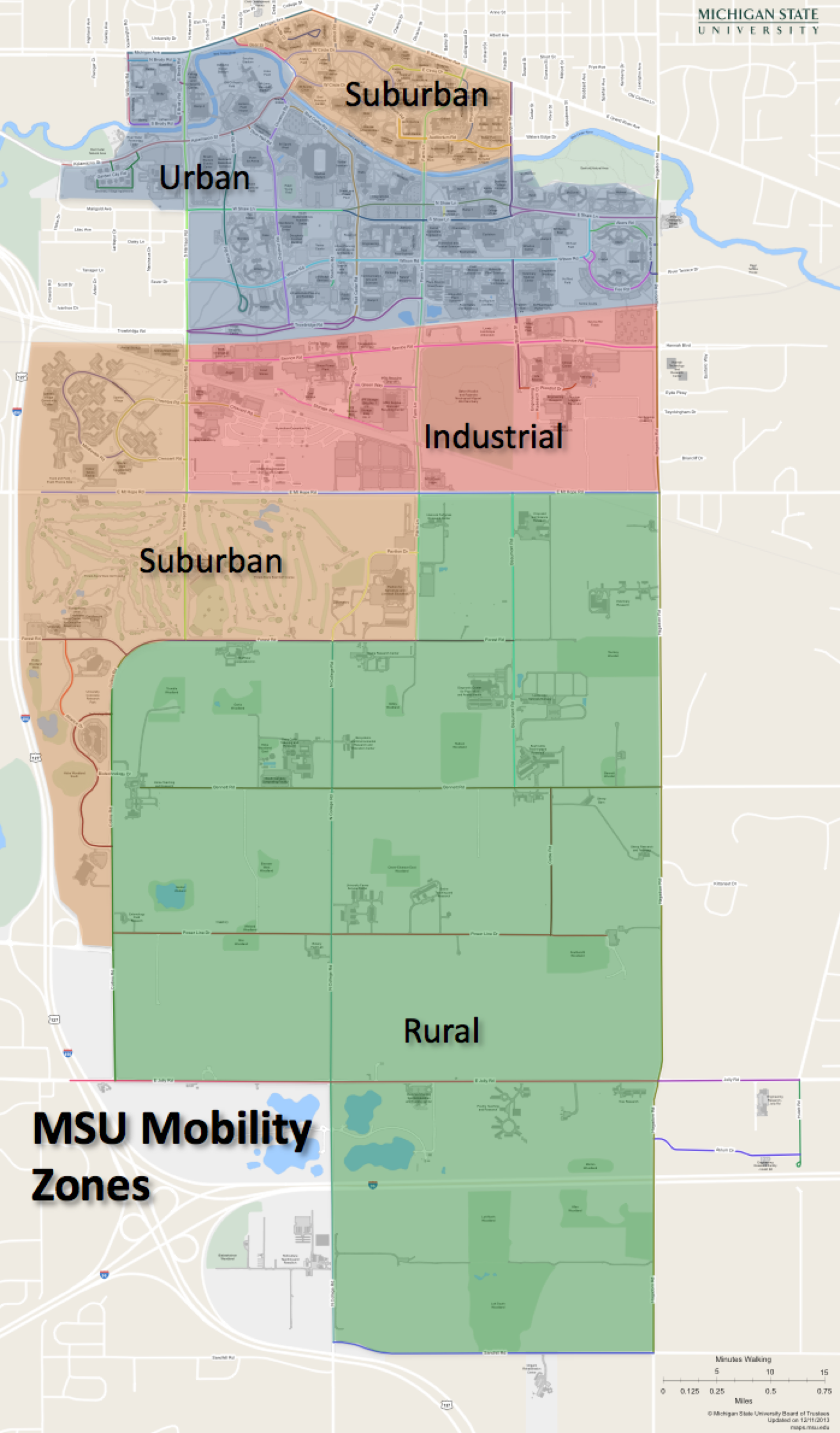 map of MSU campus delineating rural, suburban, industrial, and urban zones