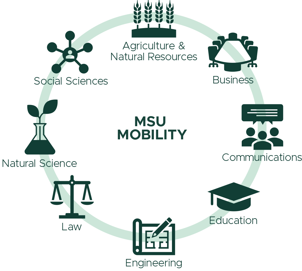 Circular infographic representing MSU Mobility collaboration across disciplines. Icons and labels include Agriculture & Natural Resources, Business, Communications, Education, Engineering, Law, Natural Science, and Social Sciences, with  in the center labeled 'MSU Mobility'.