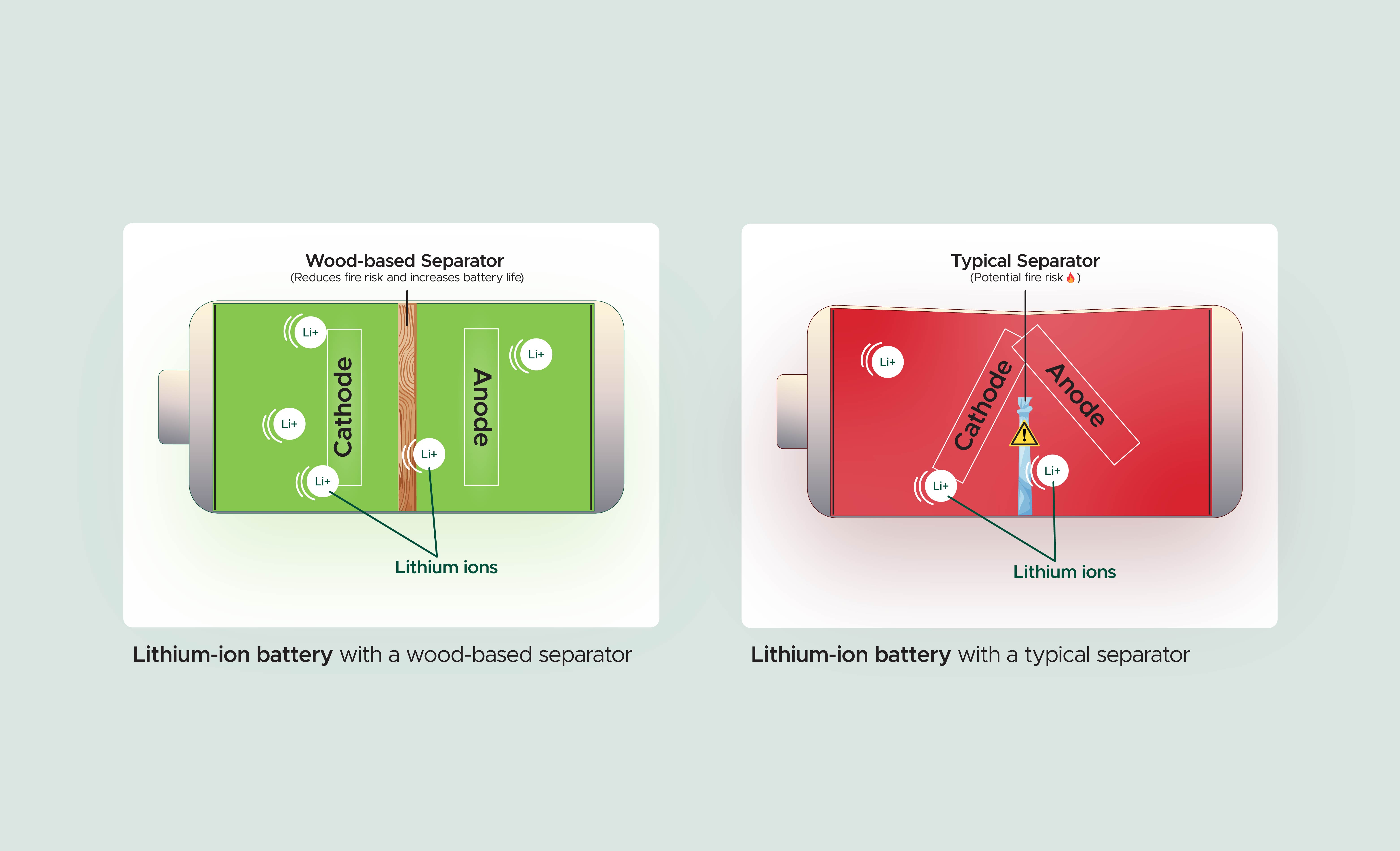 Wood-based separator in a lithium-ion battery versus a typical plastic separator in a lithium-ion battery 