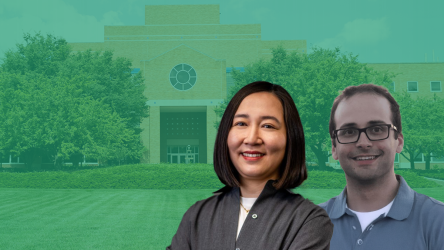 Two people smiling, in the background is a picture of the Engineering Building with a green wash over it.